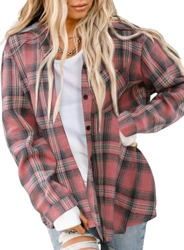 Asiertiy Chemise en Flanelle à Carreaux de Buffle à Manches Longues et col boutonné pour Femme (S-2XL), Plaid Rose Vert, Taille S