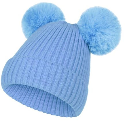 NATUST Kind Wintermütze Mädchen Kunstfell Bommelmütze Warme Strickmütze mit Zwei Bommeln Blau