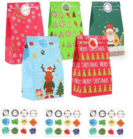 CHEPULA Papiertüten Weihnachten, 50 Stück Klein Bunt Geschenktüten Weihnachten, Kraftpapier Weihnachtstüten mit Aufkleber, Kinder Weihnachts Geschenk Tüten für Xmas Süßigkeiten Party