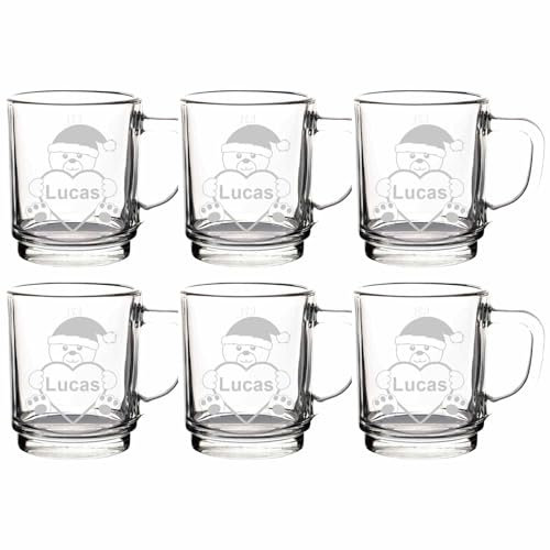 LUXENTU Glühweintassen mit personalisierter Gravur, Teegläser 250 ml, Geeichte Glasbecher bei 0,2 Liter, Set für Freunde & Familie, Motiv: Teddybär, 6 Stück