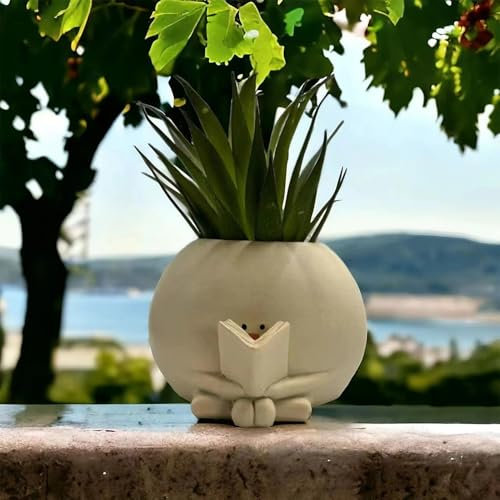 Funny Plant Pot with Reading Posture, Cute Plant Pot, Resin Head Planters with Drainage Hole, Small Succulent Face Flower Pot, Unique Plant Gifts for Women Men