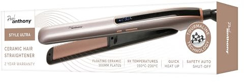 Paul Anthony 'StyleUltra' Ceramic Hair Straightener with Tourmaline, 9X Temperatures 150C to 230C, LED Display, 60 Minute auto Shut-Off - H2215