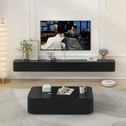 Floating TV Stand, Wall Mounted TV Cabinet with Doors & Drawer Modern, Floating TV Unit Large, Entertainment TV Wall units for Living Room Bedroom and Dining Room (Black, 220cm)