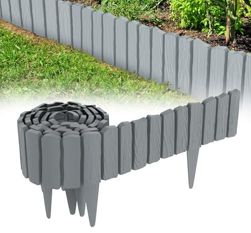 QEENTOE 4.8m Rasenkante Kunststoff Beetumrandung mit Holzoptik & 10 cm Erdspießen - Mähkante für Garten, Beeteinfassung Anthrazit, Palisade im Holzdesign Grau