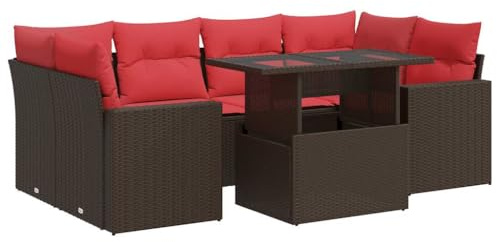 vidaXL 7 Piece Garden Sofa Set with Cushions Brown Poly Rattan Acacia, outdoor sofa set, garden lounge set
