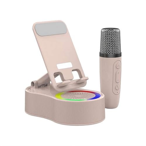 Wireless Induction Bluetooth Speaker 5-in-1 with 3000mAh Power Bank & Microphone, 360° Rotating Phone Holder, Foldable Portable for iPhone Android Tablet (Pink 1 Microphone)