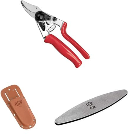 FELCO 7 Rollgriff-Gartenschere mit Lederholster 910+ und Schärfwerkzeug 903 – Ergonomisches Set für intensive Schnitte mit hoher Leistung