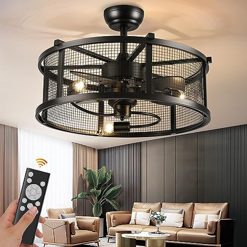 Warmiehomy Ceiling Fans with Lights, 60CM Industrial Black Metal Caged Ceiling Fans,E27 Quiet Fan Light Timer for Bedroom