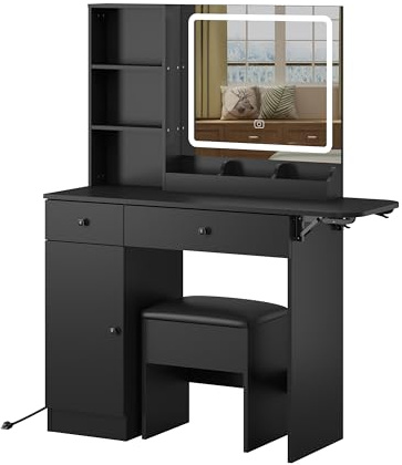Vanity Desk Set with Fold-up Panel, 2 Drawers & 1 Cabinet Makeup Table with Mirror and LED Lights Power Outlet, Storage Cushioned Stool, Dressing Table for Bedroom (Black)
