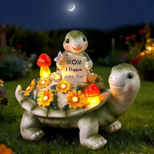 Season 2 Season Turtle Garden Statue with 7 LED Solar Lights 7.5 inches, Outdoor Lawn Decor for Patio, Yard, Balcony, Birthday for Mom, Grandma, Women Garden Lovers