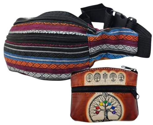 Riñonera Hippie de Tela con Monedero de Piel Artesanal y Grabados de Símbolos Andinos | Riñonera de Cadera Unisex para Viaje, Festival y Día a Día (Marrón 2)