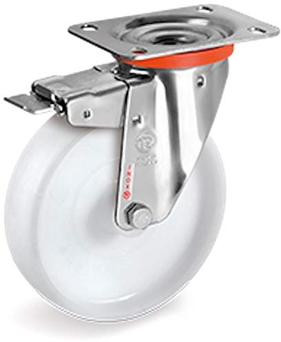 Roulette INOX pivotante Frein diamètre 100 mm roue polyamide blanc - 200 Kg