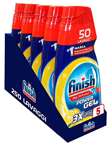 Finish Powergel, Gel Detersivo per Lavastoviglie Liquido, Multiazione, Limone Sgrassante, 250 Lavaggi, 5 Confezioni da 50 Lavaggi