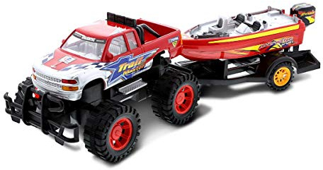 Mozlly Set of Friction-Powered Monster Truck with Boat Trailer Toy for Kids