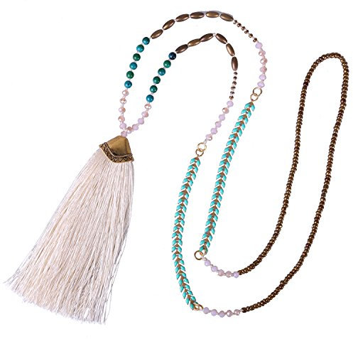 KELITCH Türkis Perlen Halsketten Mehrfarbige Lange Quaste Anhänger Halsketten Modeschmuck (Weiß 1)