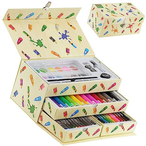 The Magic Toy Shop 54 Pieces Kids Art Artist Set in a Box with Drawers Pens Pencils Crayons Paints