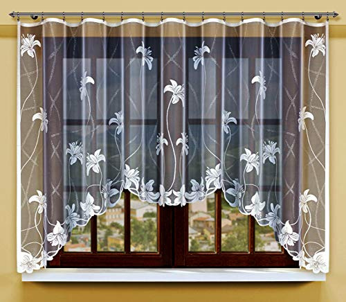 Haft Jacquard-Gardine mit eingenähtem fältelndem Band, weiß mit Motiv (140,150,160x300) (150x300)