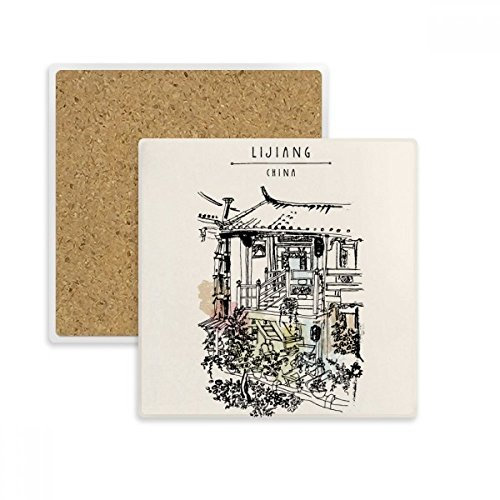 DIYthinker Eine Nette Gasse in Dali China-Platz Coaster-Schalen-Becher-Halter Absorbent Stein für Getränke 2ST Geschenk Mehrfarbig