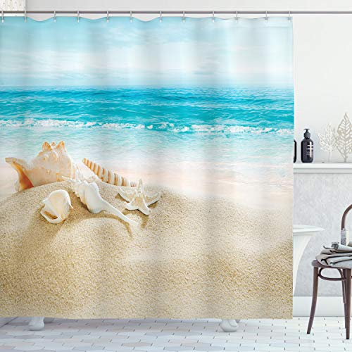 ABAKUHAUS Muscheln Duschvorhang, Pastell-Strand-Szene, Stoffliches Gewebe Badezimmerdekorationsset mit Haken, 175 x 240 cm, Aqua Beige