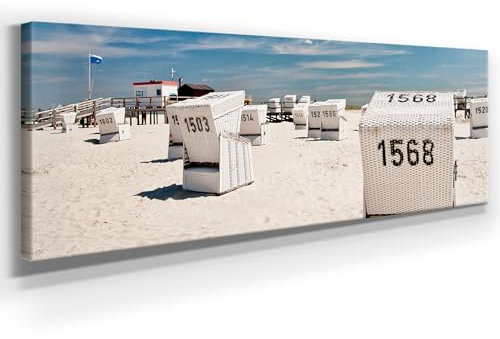 Atemberaubendes Ostsee Bild als Panorama Leinwand 150x50cm, Motiv Strandkörbe. Ein einzigartiges XXL Wandbild als Deko für Wohnzimmer, Schlafzimmer, Küche. Aufgespannt auf Holzrahmen