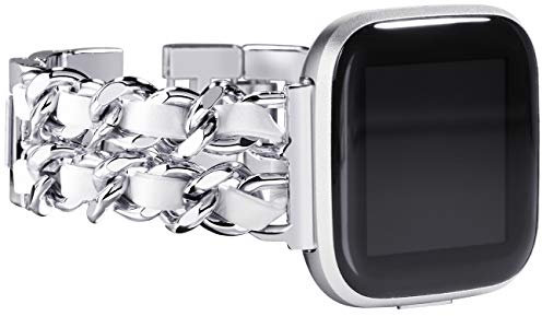NewWays Compatibile con Fitbit Versa 2 cinturini da donna, bracciale elegante compatibile con Fitbit Versa/Fitbit Versa 2/Fitbit Versa SE Smart Watch, Silver Link con pelle bianca