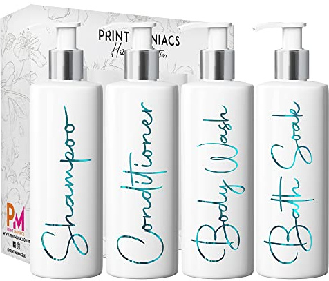 Print Maniacs Mrs Hinch Inspired White Personalised Pump Bottles Bathroom Kitchen Set Shampoo Conditioner Body Wash Bath Soak (F2) (Teal)