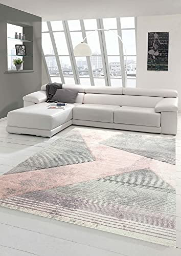 Teppich-Traum moderner Wohnzimmerteppich abstraktes Muster gestreift grau rosa grün - pflegeleicht Größe 160x230 cm