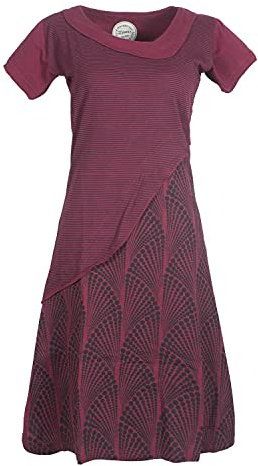 Vishes - Alternative Bekleidung - Damen Kurzarm Lagenlook Kleid Hippie Streifen Punkte Muster dunkelrot 36-38