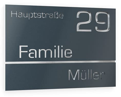 Graviers Design Plaque Numéro de Maison et Nom | Chiffres et lettres personnalisables | 215 x 150 mm Gris Anthracite RAL 7016 | Acier inoxydable | Fabriqué en Allemagne