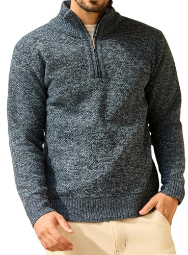 Les umes Mens Quarter Zip Jumper Plaid Fleece Lined Knit Turtleneck Sweater Warm Long Sleeve Stand Collar Pullover Blue L