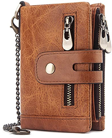 FORRICA Portafoglio Uomo Blocco RFID Vera Pelle Portamonete con Catena Porta Carta di Credito Cerniera Borsellino Pelle Portafogli Bifold Marrone B