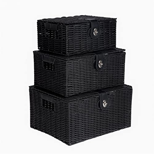 Innoteck Essentials Wicker Woven Storage Baskets Hamper Box with Lid Set of 3 - Decorative Kitchen Bathroom Hamper - Portable Basket with Handle - Ideal for Home/Office & Gifts Hamper (Black)