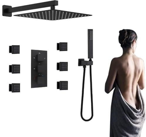Thermostatische Duscharmatur Set schwarz Regenkopf Kombination Massagedüse mit Ventil Wasserhahn-10 ZOLL