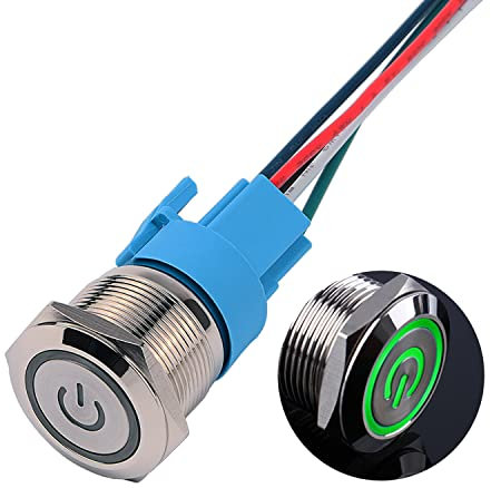JIQI 22mm Selbstsperrend Metall Druckschalter 12V bis 24V 5A Latching EIN/AUS Schalter mit grünem LED Symbol IP66 1NO1NC Rastende wasserdichte vorverdrahte Drucktastenschalter für Boot LKW RV Auto