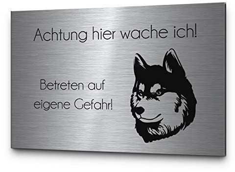 Vorsicht Hund Achtung Hund Hundeschilder Hinweisschilder Edelstahl | Verschiedene Hunderassen zB Dackel Schäferhund Chihuahua | Robuste Gravur - kein Druck… (Festes Design, Husky)