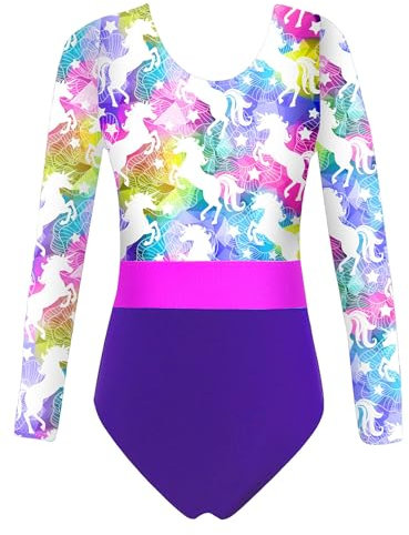 TiaoBug Langarm Turnanzug für Mädchen Ballettanzug Rollkragen Tanz-Body Mesh Spleiß Gymnastik Ballett Tanz Trikot Anzug Ballettkleidung gr. 98-164 Grün Bunt F 122-128