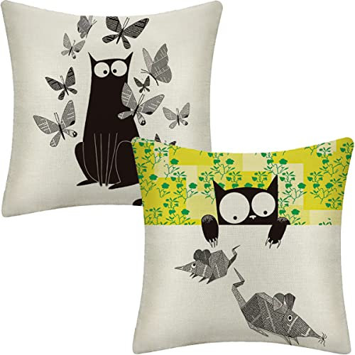 crazy bean 2er Set Kissenbezüge 45x45cm Polyester Leinen Kissenbezüge Niedliche Katzen Dekorativ Kissenbezug für Schlafzimmer Wohnzimmer Büro Garten Sofa(Schwarze Katze)
