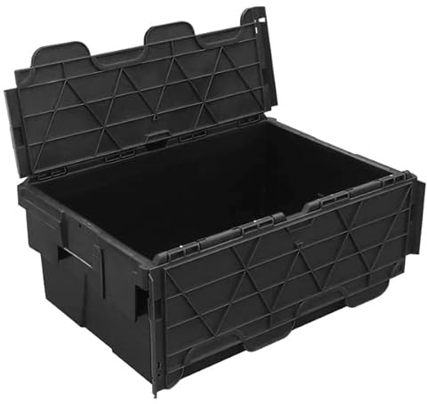 Pack of 5 - Plastic 45 Litre Heavy Duty Storage Boxes (60 x 40 x 25.5cm) Plastor Black Crates with Attached Hinged Lids