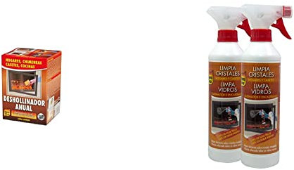 pyro feu - Deshollinamiento anual para chimeneas 3 x 250 gr & PYROFEU Pack de 2 Limpiacristales para chimenea Antihollín 2 x 500 ml