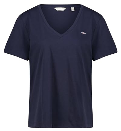 GANT Women's REG Shield SS V-Neck T-Shirt T-Shirt, Evening Blue,
