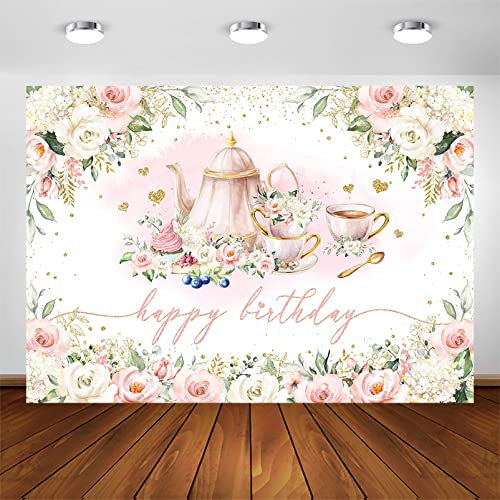 Avezano Tea Party Decorations Pink Floral Teapot Happy Birthday Backdrop Girls Women Birthday Party Photoshoot Background Cake Table Banner (7x5ft)