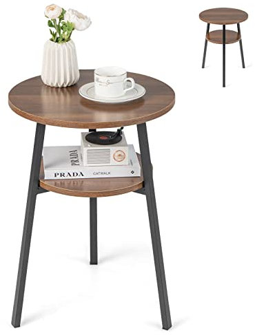 Multigot 2-Tier Round End Table, Metal Frame Wooden Coffee Side Table with Open Storage Shelf, Bedside Nightstand Corner Sofa Table for Living room, Bedroom, Small Space (Walnut)
