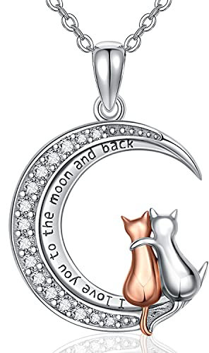 Katze Schmuck für Frauen Katze Halsketten Anhänger Katze Geschenke für Katzenliebhaber 925 Sterling Silber Zwei Katzen auf dem Mond Halskette mit Cubic Zirkonia Katze Anhänger Collarbone Halskette