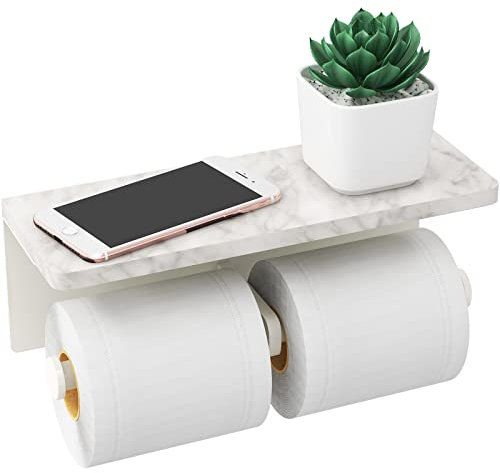 Weißer Toilettenpapierhalter mit Ablage, neues Upgrade Doppelter Toilettenpapierhalter mit Aufbewahrung, Marmorrolle Toilettenpapier-Wandhalterung für Badezimmer Waschraum