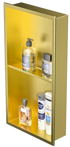 Bernkot Niche de douche en acier inoxydable, 61 x 30,5 cm, doré, pas de carrelage nécessaire, niche murale, double étagère, étagère de douche encastrée pour rangement de salle de bain, montage en