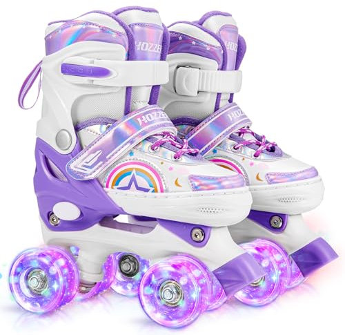 Hozzen Rollschuhe Kinder, 4 Größen Verstellbare Quad Rollschuhe Mädchen für Anfänger, Bequeme und Atmungsaktive Rollschuhe für Kinder mit Aufbewahrungstasche für Weihnachts und Geburtstags Geschenke M