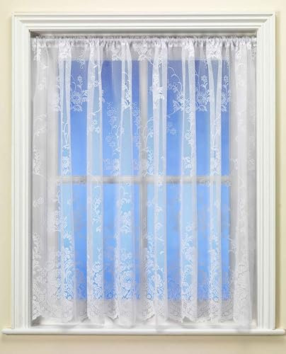 Clumber White Voile Net Curtain with Trailing Floral Design - Three Metre Width (Drop 76cm (30”)) - Sheer Semi Transparent Slot Top Privacy Drapes