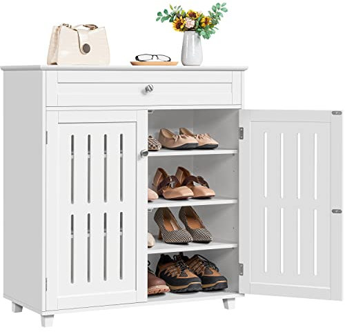 costoffs White Shoe Cabinet with Drawer, Modern Shoe Storage Cabinet Organizer with 2 Louvered Doors, Wooden 4-Tier Shoe Cupboard Shoe Rack with Adjustable Shelves for Entryway Hallway Bedroom Closet