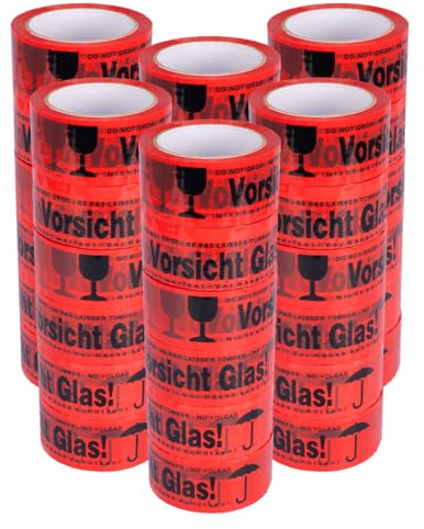 verpacking PP Klebeband 50 mm x 66 m Vorsicht Glas [Ausführung, Farbe & Stückzahl wählbar] Standard abrollend Paketklebeband Packband Verpackungsklebeband 36 Rollen
