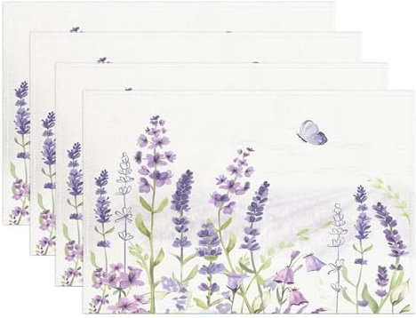 Lila Lavendel Tischsets Set von 4 Frühling Elegante Blume Schmetterling Natur Tisch Platzset Rutschfest Hitzebeständig Baumwolle Leinen Tischsets für Zuhause Küche Esstisch, 30,5 x 45,7 cm
